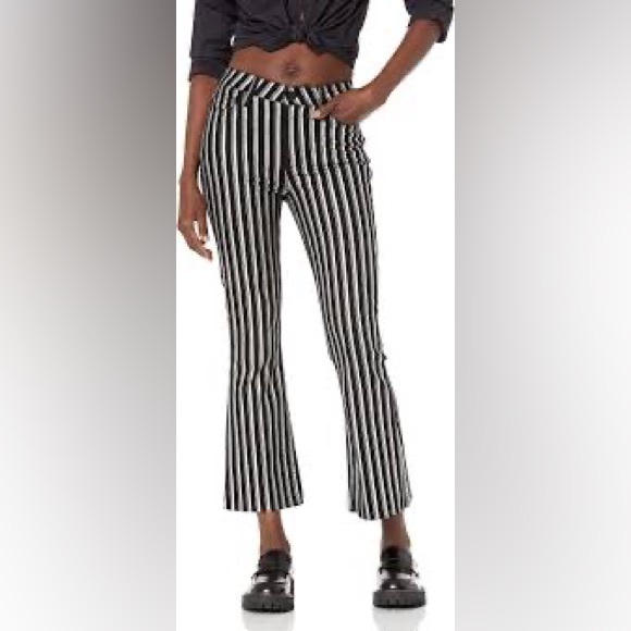 PAIGE Colette Crop Flare Metallic Striped Jeans w Raw Hem Silver Black Stripe 25 - Picture 6 of 14